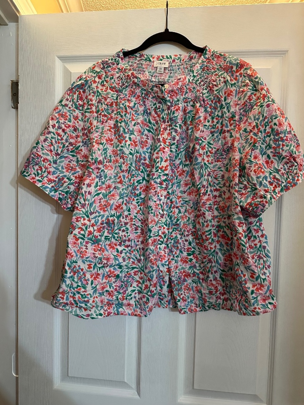 J.Crew 3X Floral Smocked Button Front Blouse Pink Green